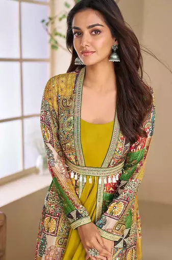 Mustard georgette printed gown with shrug
