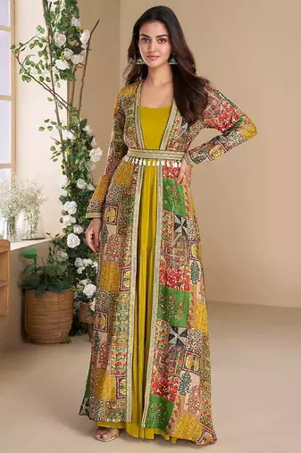 Mustard georgette printed gown with shrug
