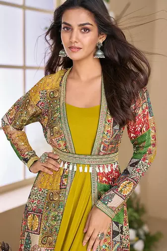 Mustard georgette printed gown with shrug