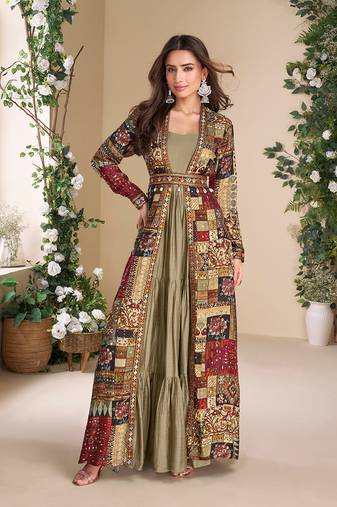 Multi georgette printed gown with shrug