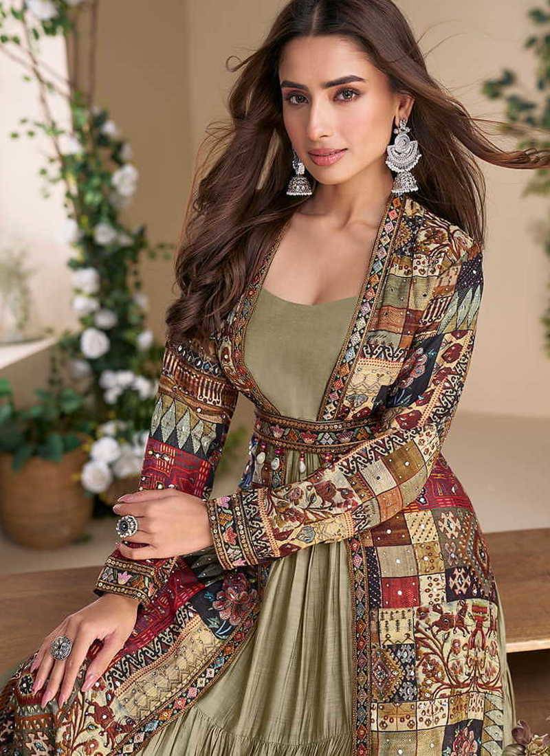 Multi georgette printed gown with shrug
