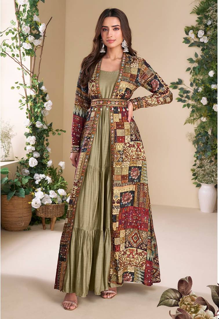 Multi georgette printed gown with shrug