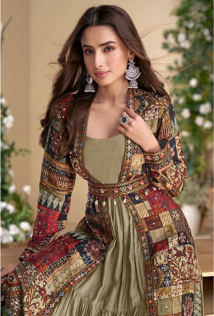 Multi georgette printed gown with shrug