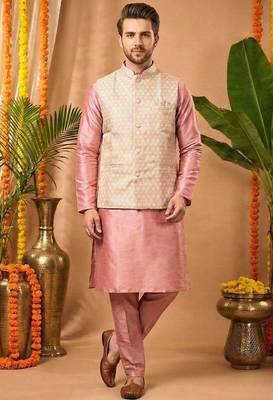 Men's dhupian silk pink kurta with heavy jacquard koti & silk pyjama 1