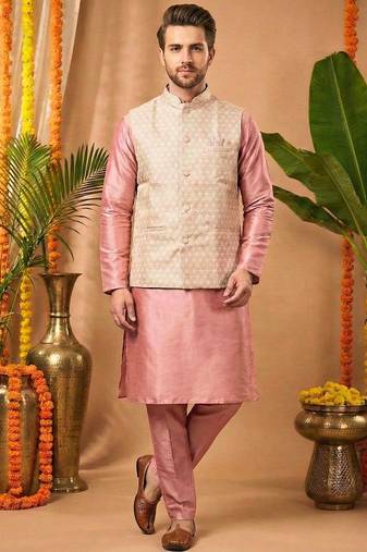 Men's dhupian silk pink kurta with heavy jacquard koti & silk pyjama
