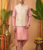 Men's dhupian silk pink kurta with heavy jacquard koti & silk pyjama