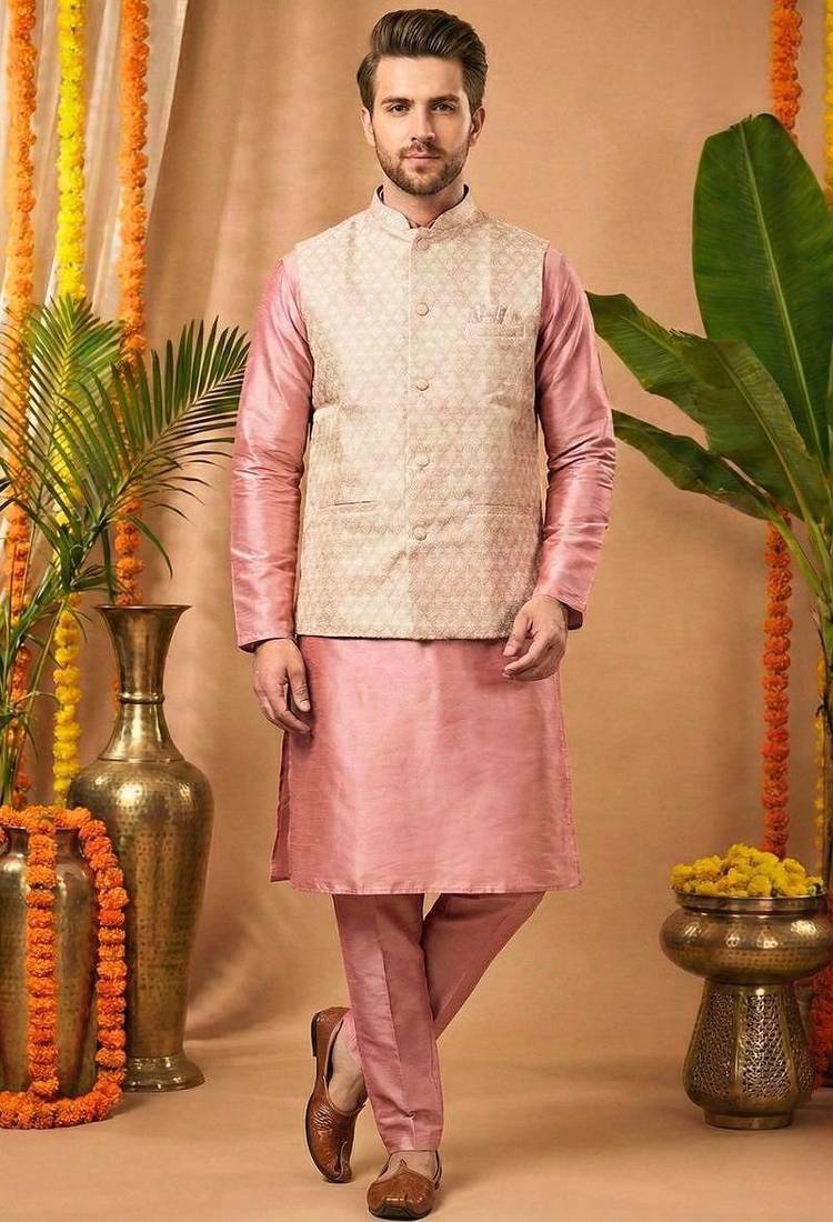 Men's dhupian silk pink kurta with heavy jacquard koti & silk pyjama