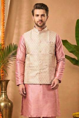 Men's dhupian silk pink kurta with heavy jacquard koti & silk pyjama 2