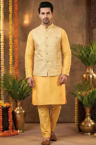 Men’s dhupian silk yellow kurta with heavy jacquard koti & silk pyjama