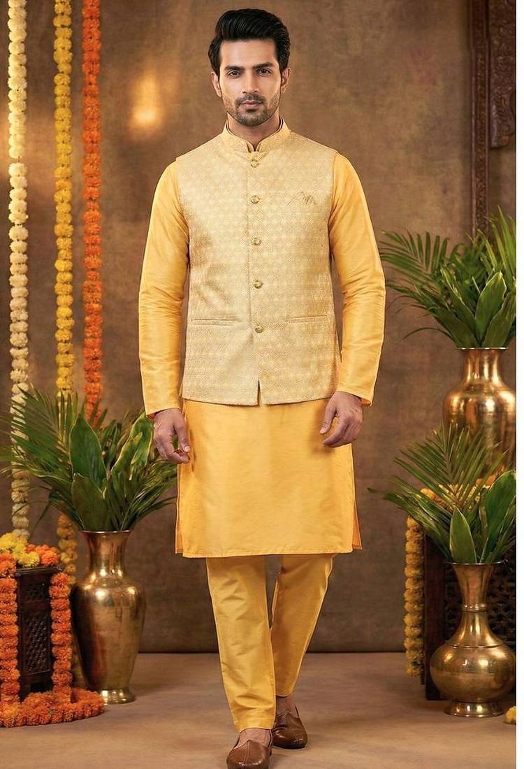 Men’s dhupian silk yellow kurta with heavy jacquard koti & silk pyjama