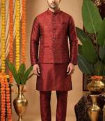 Men's dhupian silk mehrun kurta with heavy jacquard koti & silk pyjama