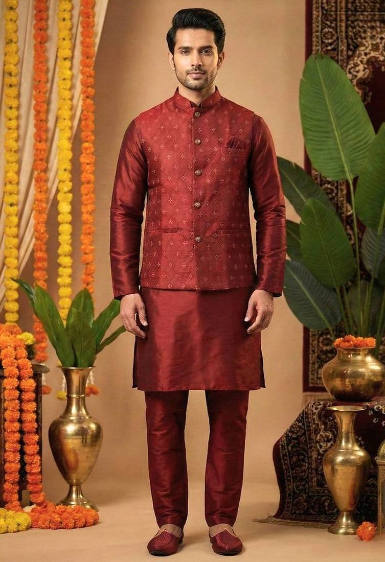 Men's dhupian silk mehrun kurta with heavy jacquard koti & silk pyjama
