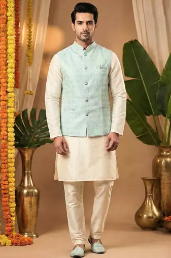 Men's dhupian silk cream kurta with mint heavy jacquard koti & silk pyjama