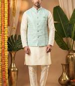 Men's dhupian silk cream kurta with mint heavy jacquard koti & silk pyjama