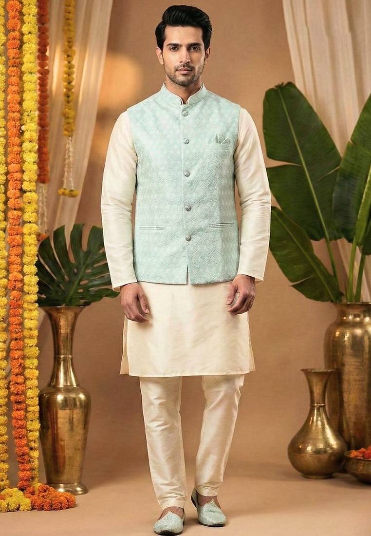 Men's dhupian silk cream kurta with mint heavy jacquard koti & silk pyjama