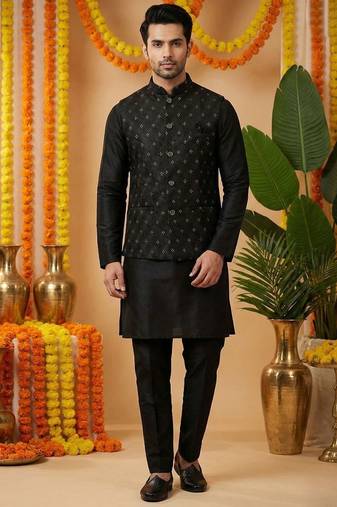 Men's dhupian silk black kurta with heavy jacquard koti & silk pyjama