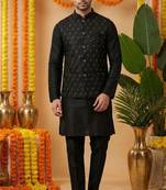 Men's dhupian silk black kurta with heavy jacquard koti & silk pyjama