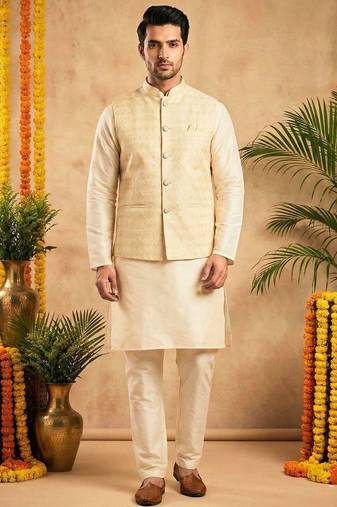 Men's dhupian silk cream kurta with heavy jacquard koti & silk pyjama