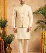 Men's dhupian silk cream kurta with heavy jacquard koti & silk pyjama