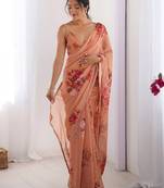 Elegant Peach Georgette Silk Printed Saree With Moti Lace Border & Unstitched Blouse