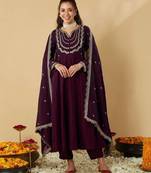 Women's Vichitra Silk Sequins Embroidered Anarkali Kurta Pant With Dupatta Set