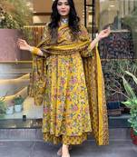 Jaipuri Yellow Women's Cotton Blend Anarkali Printed Kurta With Palazzo & Dupatta