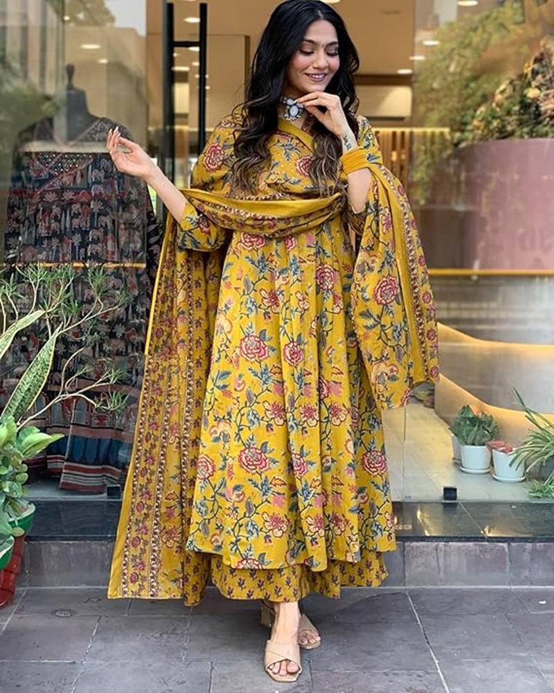 Jaipuri Yellow Women's Cotton Blend Anarkali Printed Kurta With Palazzo & Dupatta