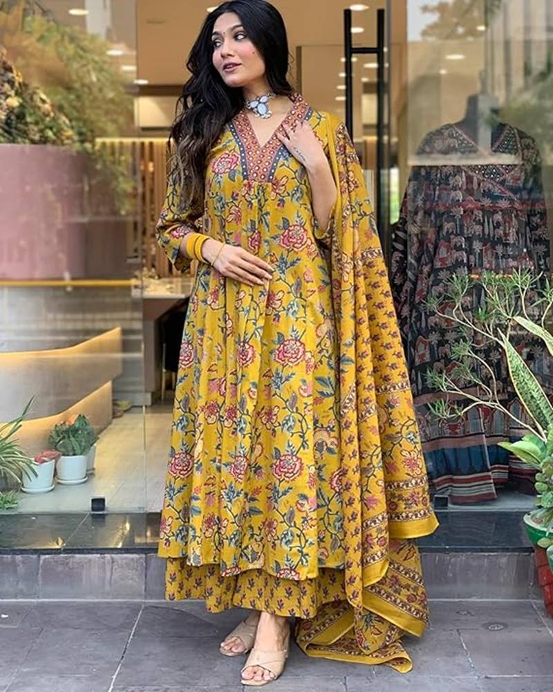 Jaipuri Yellow Women's Cotton Blend Anarkali Printed Kurta With Palazzo & Dupatta