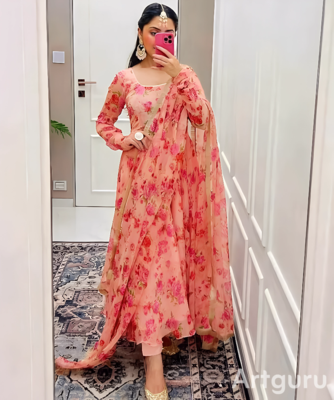 Peach Printed Full Flared Anarkali With Pant & Dupatta Set 1
