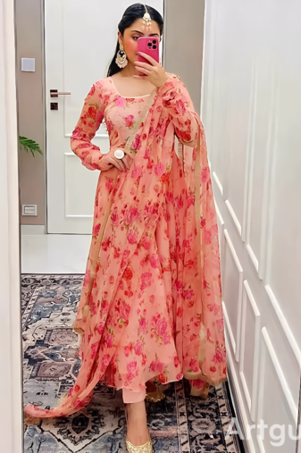 Peach Printed Full Flared Anarkali With Pant & Dupatta Set