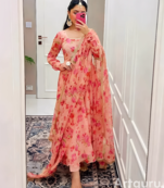 Peach Printed Full Flared Anarkali With Pant & Dupatta Set