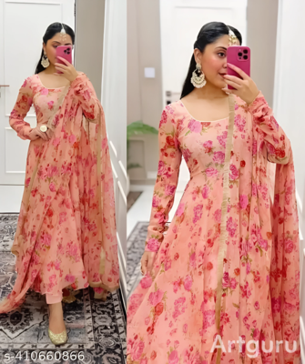 Peach Printed Full Flared Anarkali With Pant & Dupatta Set 2