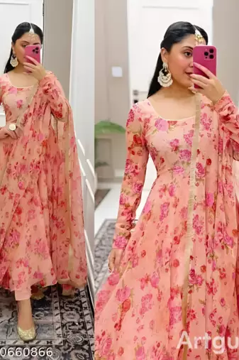 Peach Printed Full Flared Anarkali With Pant & Dupatta Set