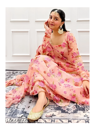 Peach Printed Full Flared Anarkali With Pant & Dupatta Set 3