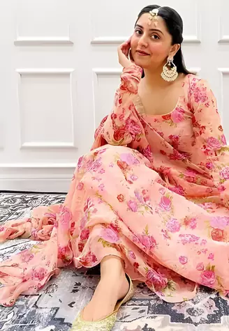 Peach Printed Full Flared Anarkali With Pant & Dupatta Set