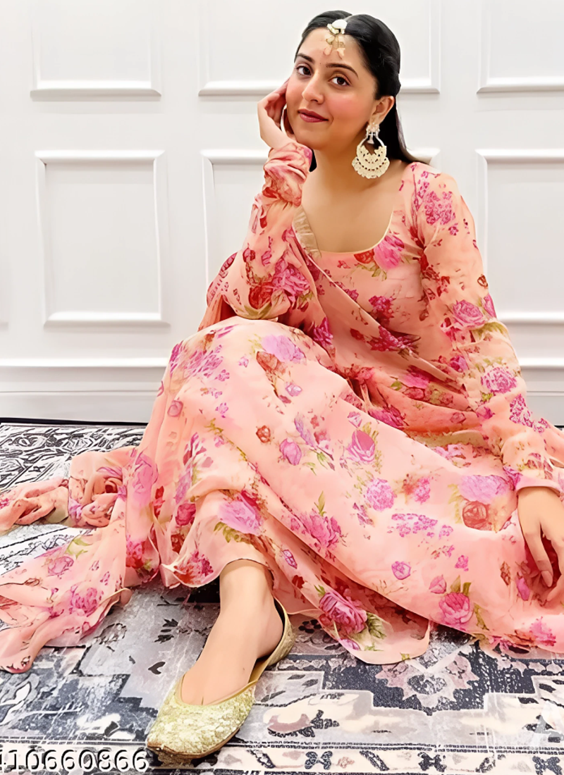 Peach Printed Full Flared Anarkali With Pant & Dupatta Set