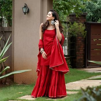 Red Embroidered Work Chikankari Sharara Suit With Dupatta Set 1