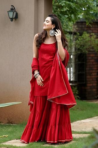 Red Embroidered Work Chikankari Sharara Suit With Dupatta Set