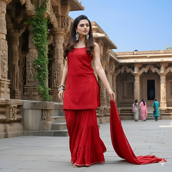 Red Embroidered Work Chikankari Sharara Suit With Dupatta Set 2