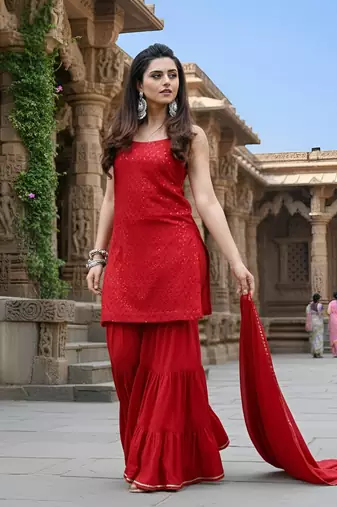 Red Embroidered Work Chikankari Sharara Suit With Dupatta Set