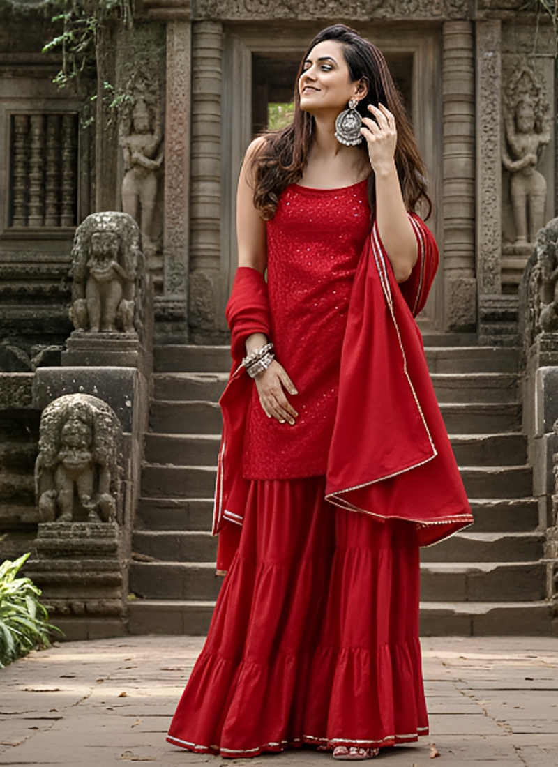Red Embroidered Work Chikankari Sharara Suit With Dupatta Set