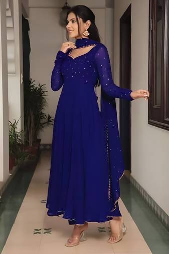 Blue stone work full flared anarkali with dupatta