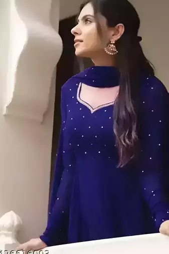 Blue stone work full flared anarkali with dupatta