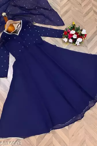 Blue stone work full flared anarkali with dupatta