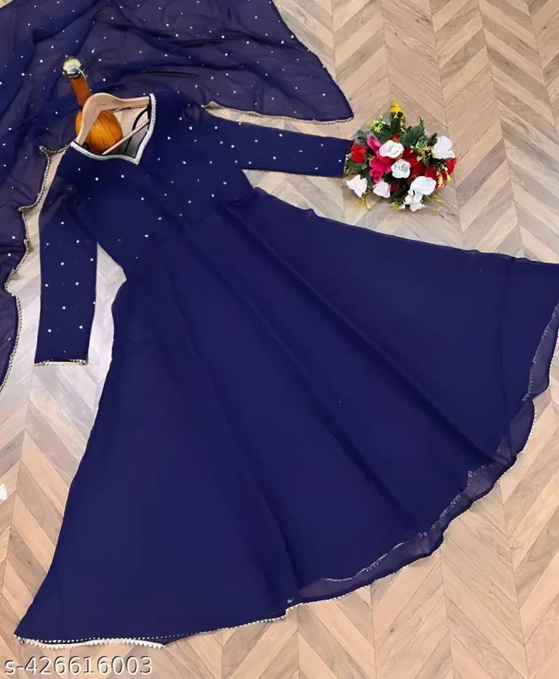 Blue stone work full flared anarkali with dupatta