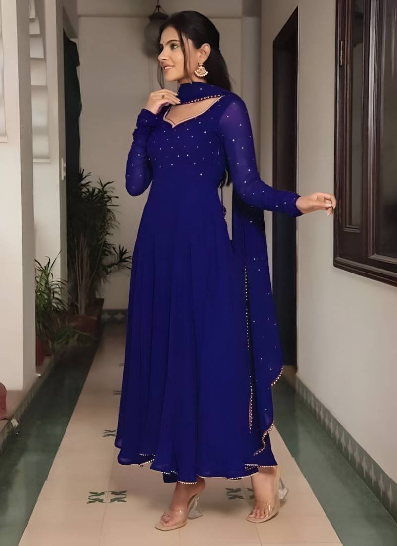 Blue stone work full flared anarkali with dupatta