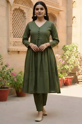 Women's Long Flared V-Neck with Button Details Anarkali shape Empire Waist,Kurta Pant Set 1