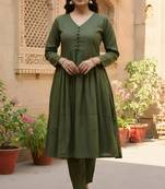 Women's Long Flared V-Neck with Button Details Anarkali shape Empire Waist,Kurta Pant Set