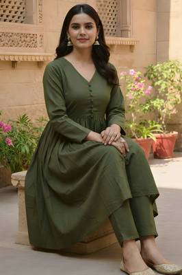 Women's Long Flared V-Neck with Button Details Anarkali shape Empire Waist,Kurta Pant Set 5