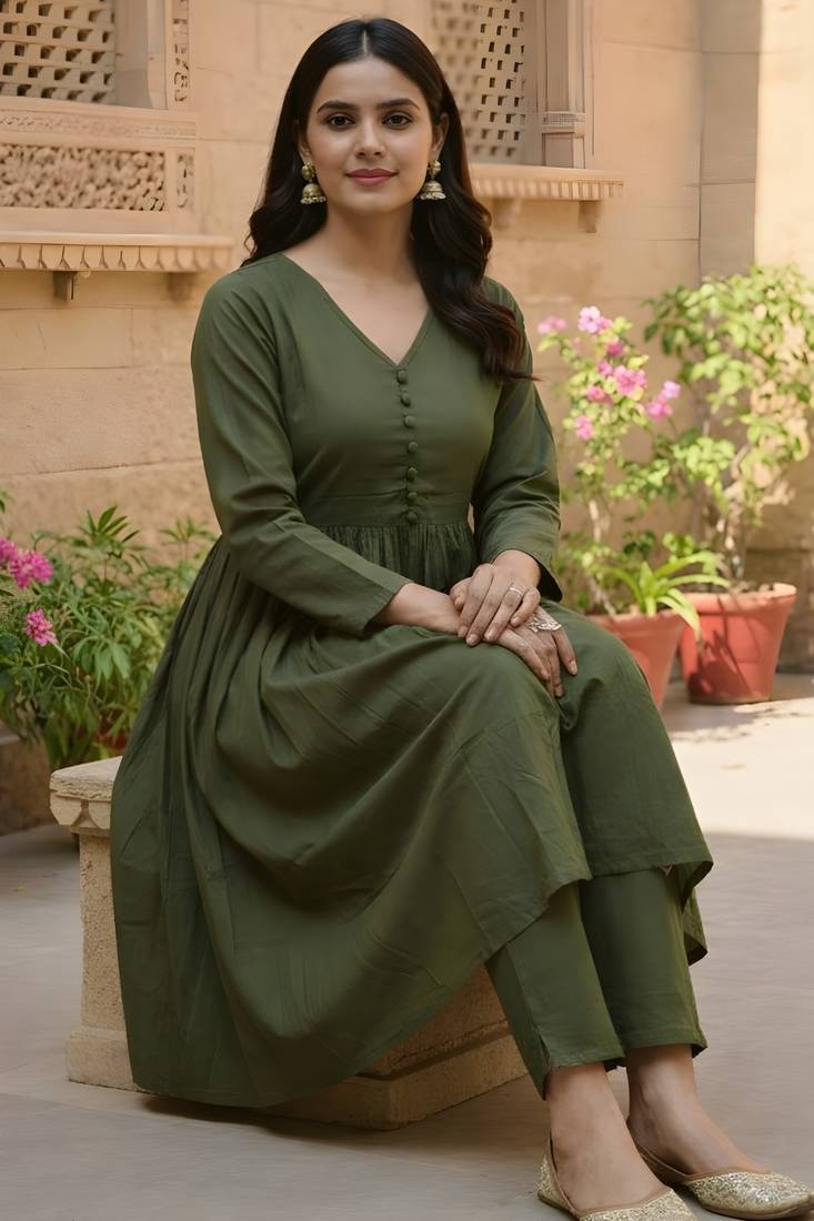 Women's Long Flared V-Neck with Button Details Anarkali shape Empire Waist,Kurta Pant Set